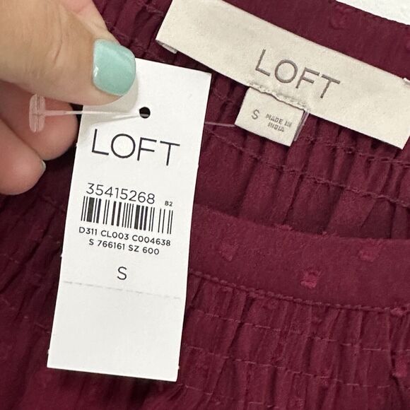 Loft Blouse Clip Dot Balloon 3/4 Sleeve S Maroon Trendy Popover Casual NEW - Picture 5 of 11